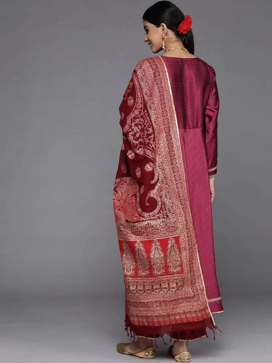 Women Maroon Silk Blend Solid Straight Kurta Palazzos With Dupatta Set