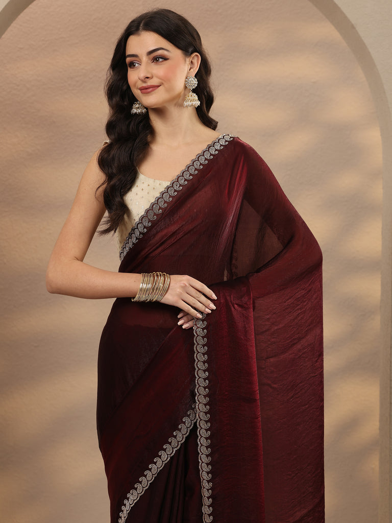 Libas Maroon Solid Silk Blend Saree With Unstitched Blouse Piece