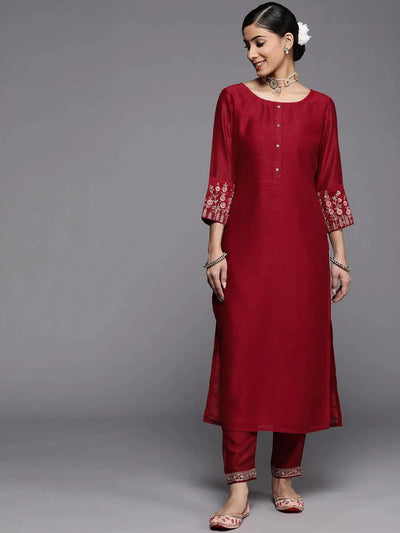 Maroon Solid Silk Kurta - Libas