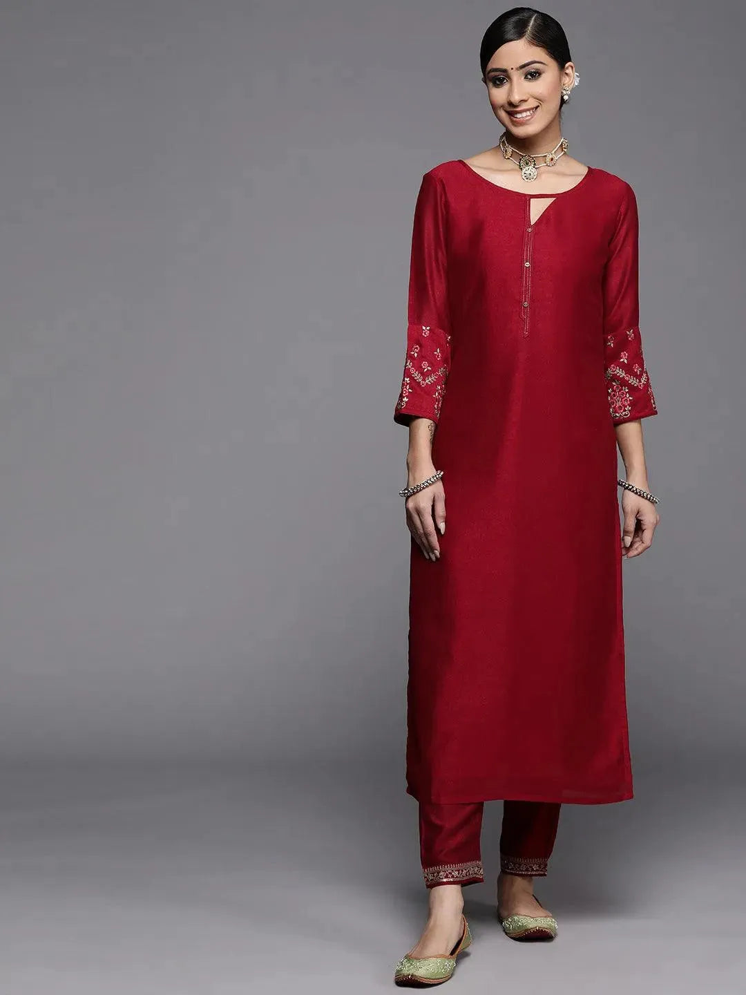 Maroon Solid Silk Kurta - Libas