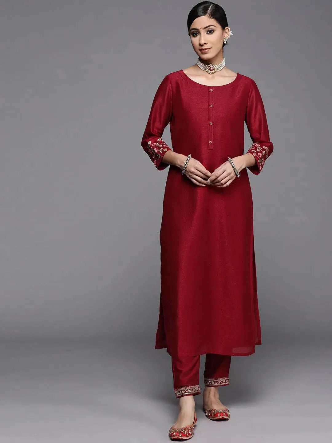 Maroon Solid Silk Kurta - Libas