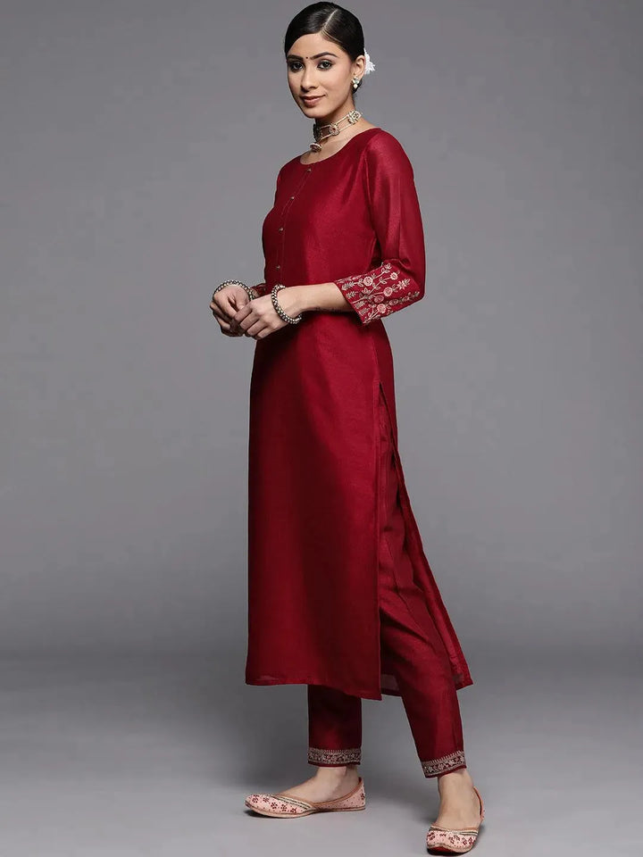 Maroon Solid Silk Kurta - Libas