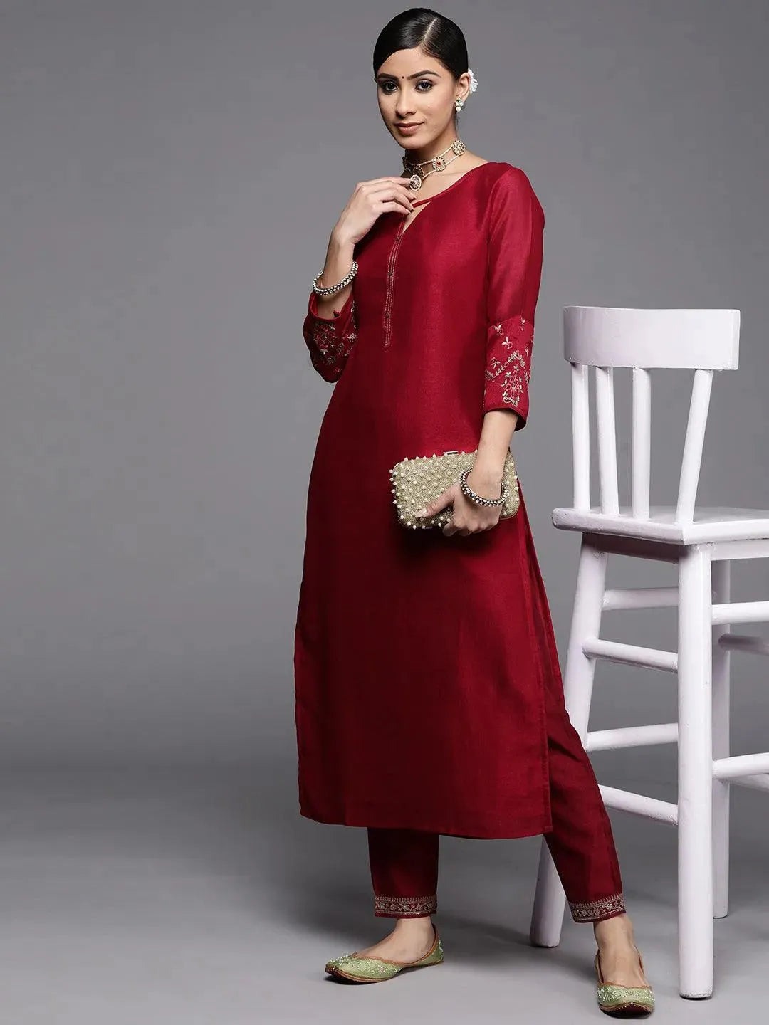 Maroon Solid Silk Kurta - Libas