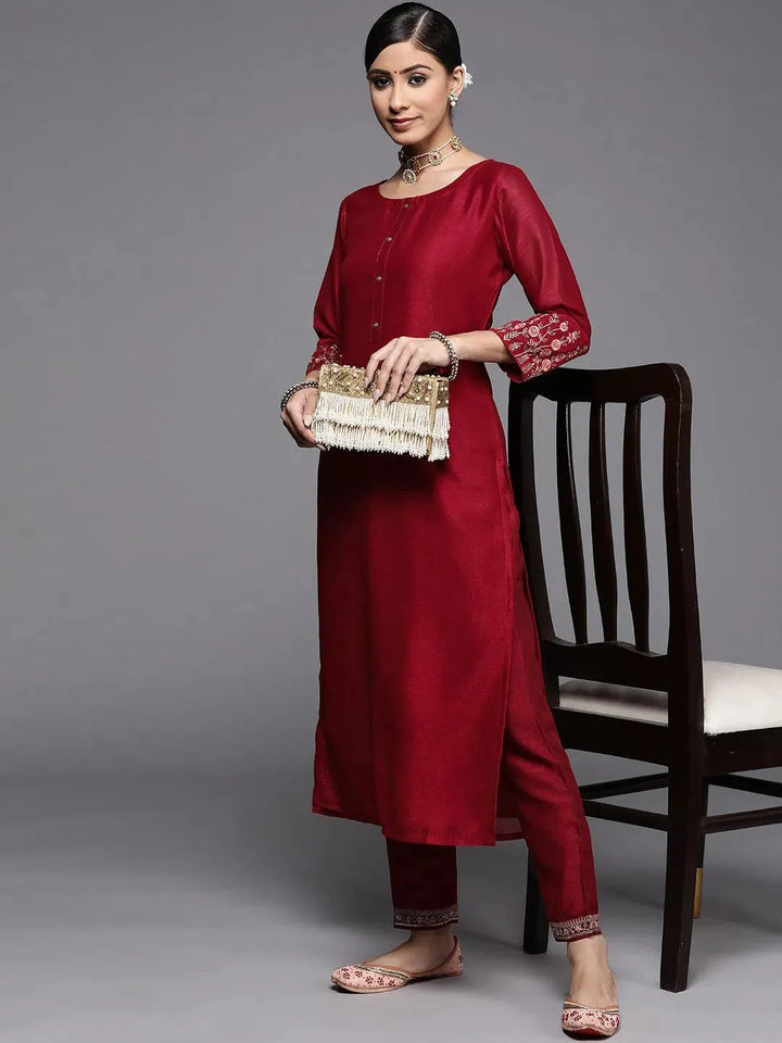 Maroon Solid Silk Kurta - Libas