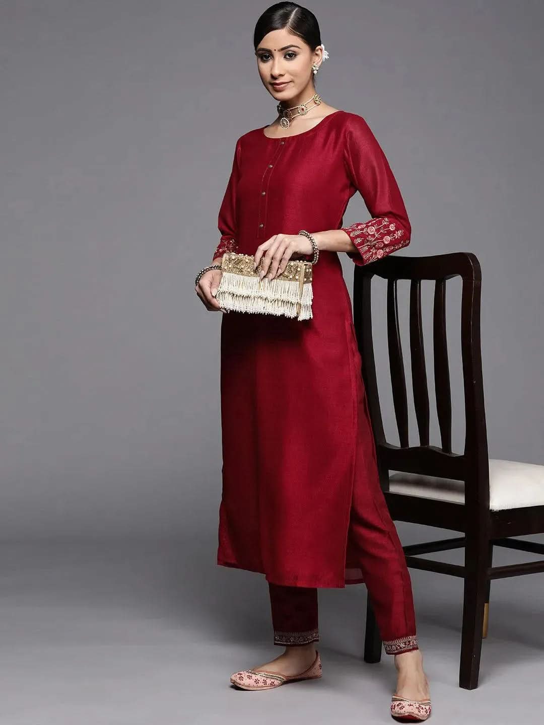 

Maroon Solid Silk Kurta