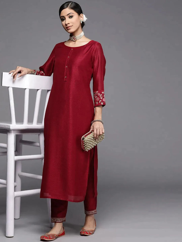 Maroon Solid Silk Kurta - Libas