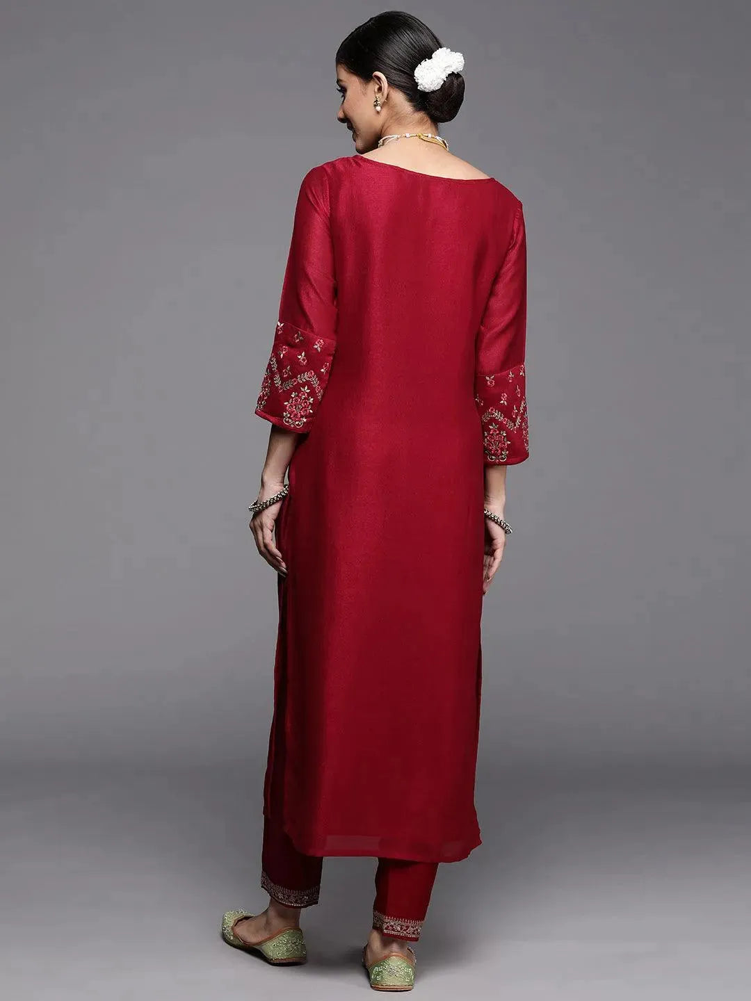 Maroon Solid Silk Kurta - Libas