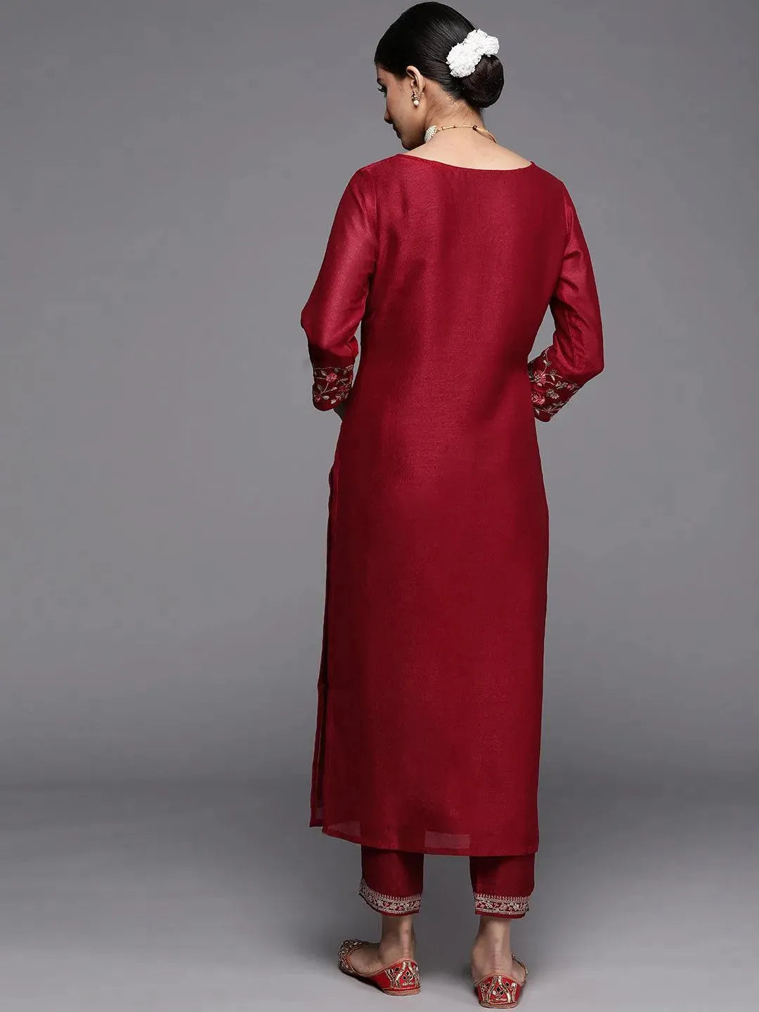 Maroon Solid Silk Kurta - Libas