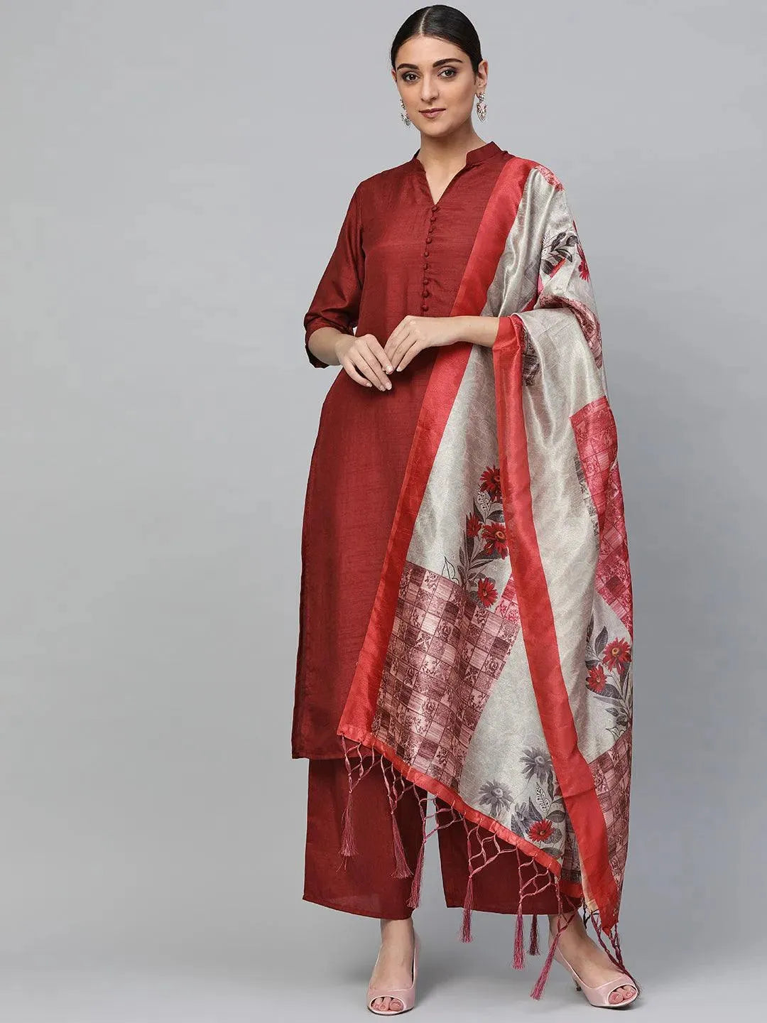Maroon Solid Silk Suit Set - Libas