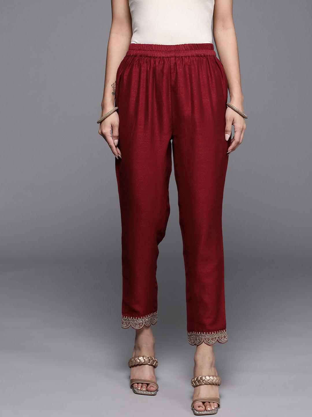 Maroon Solid Silk Trousers