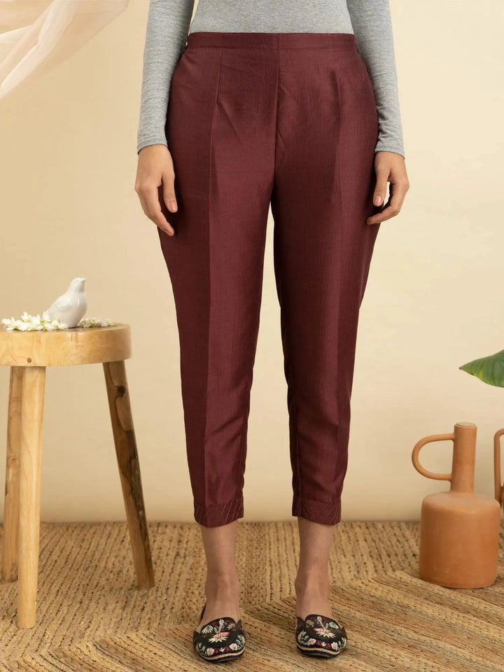 Maroon Solid Silk Trousers - Libas