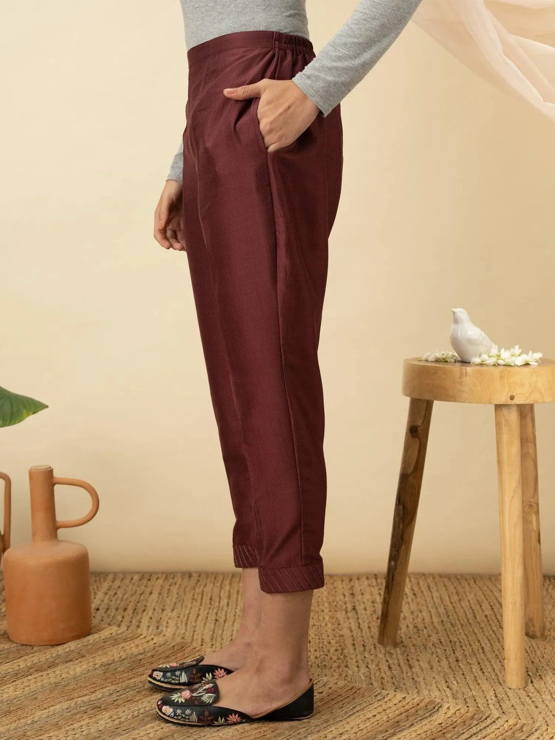Maroon Solid Silk Trousers - Libas 
