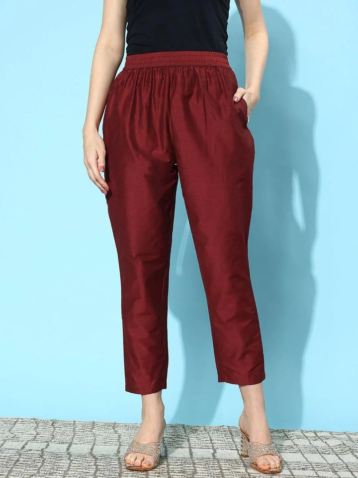 Maroon Solid Silk Trousers - Libas