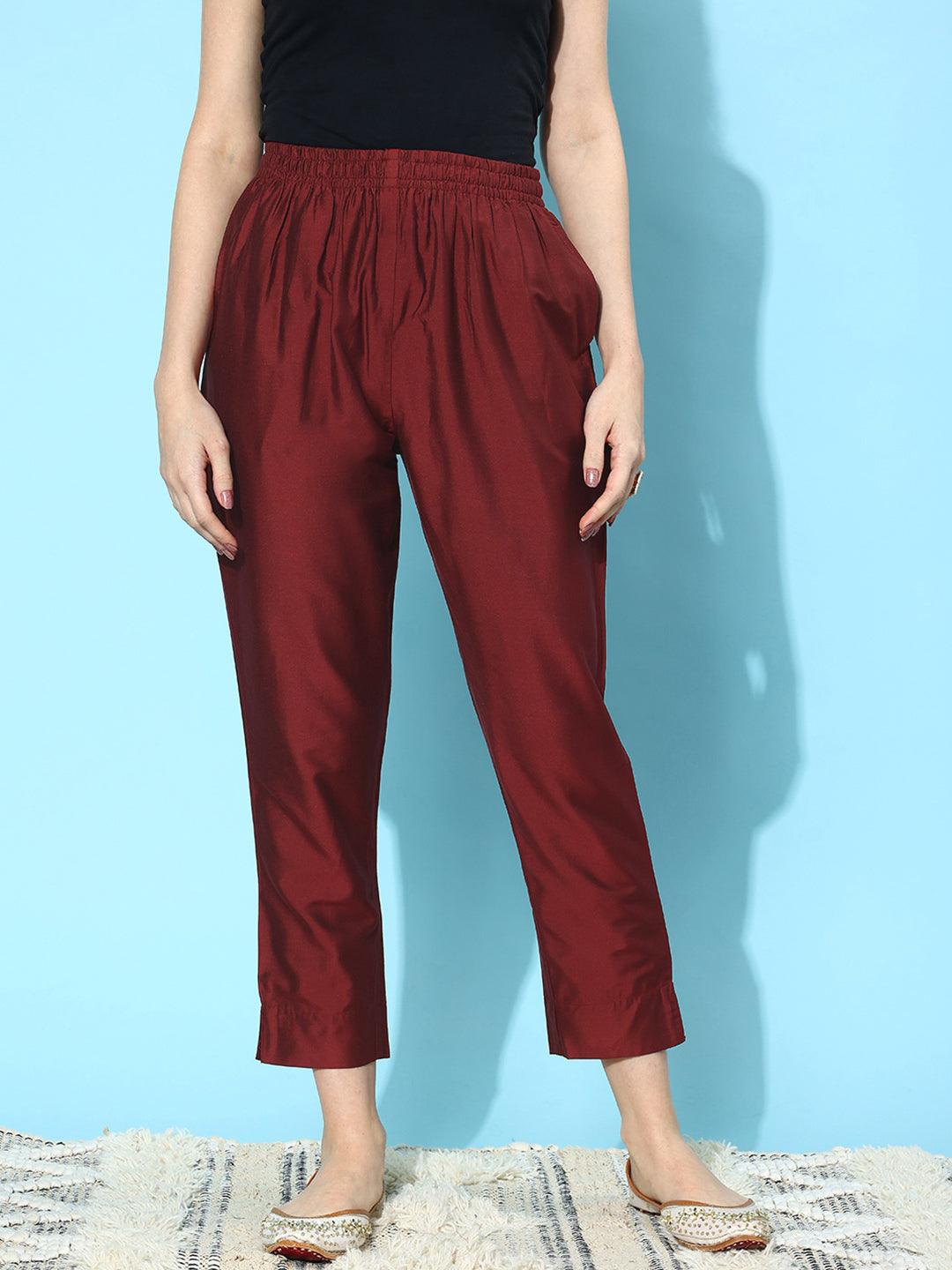 Maroon Solid Silk Trousers - Libas