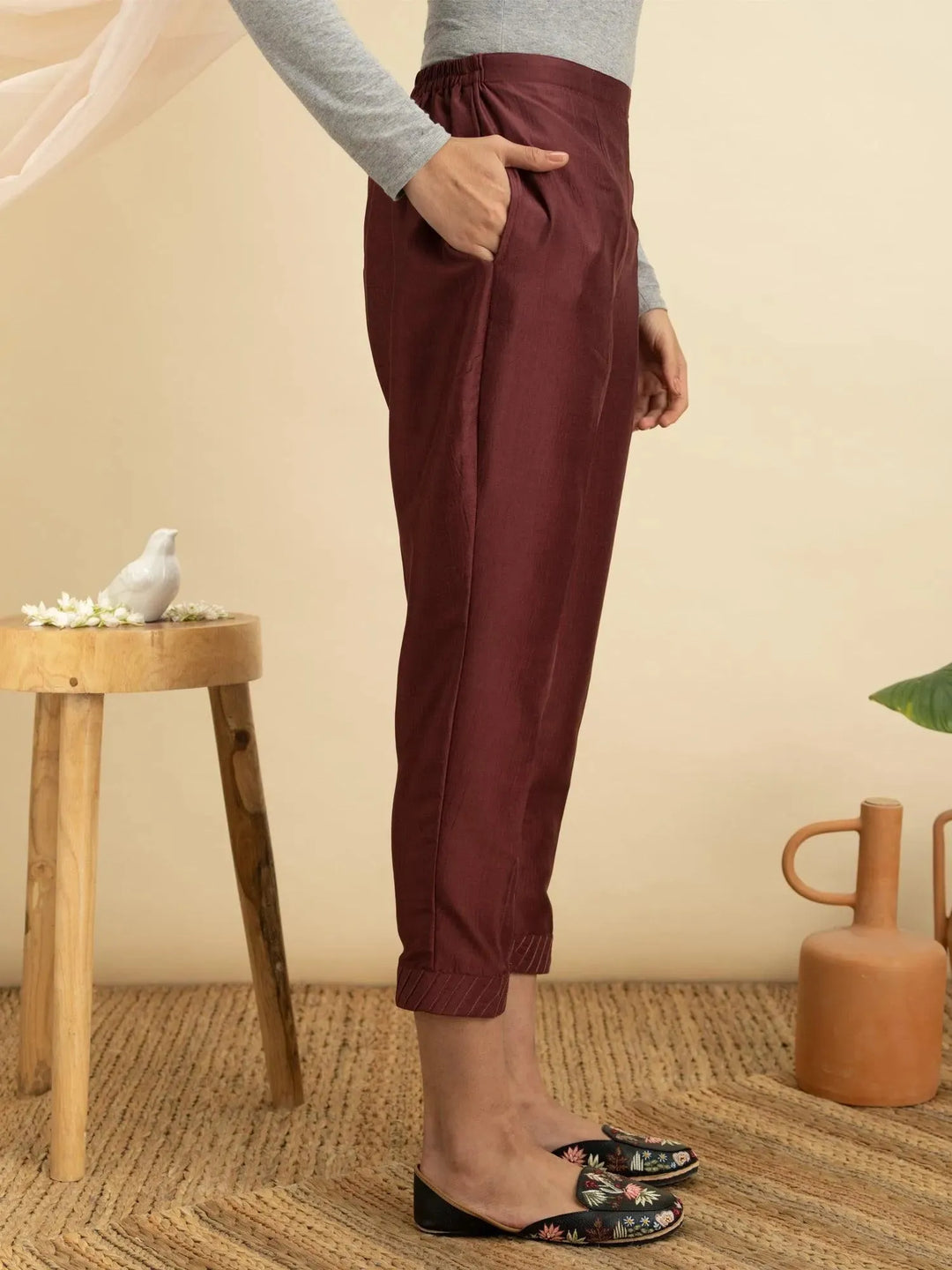 Maroon Solid Silk Trousers - Libas