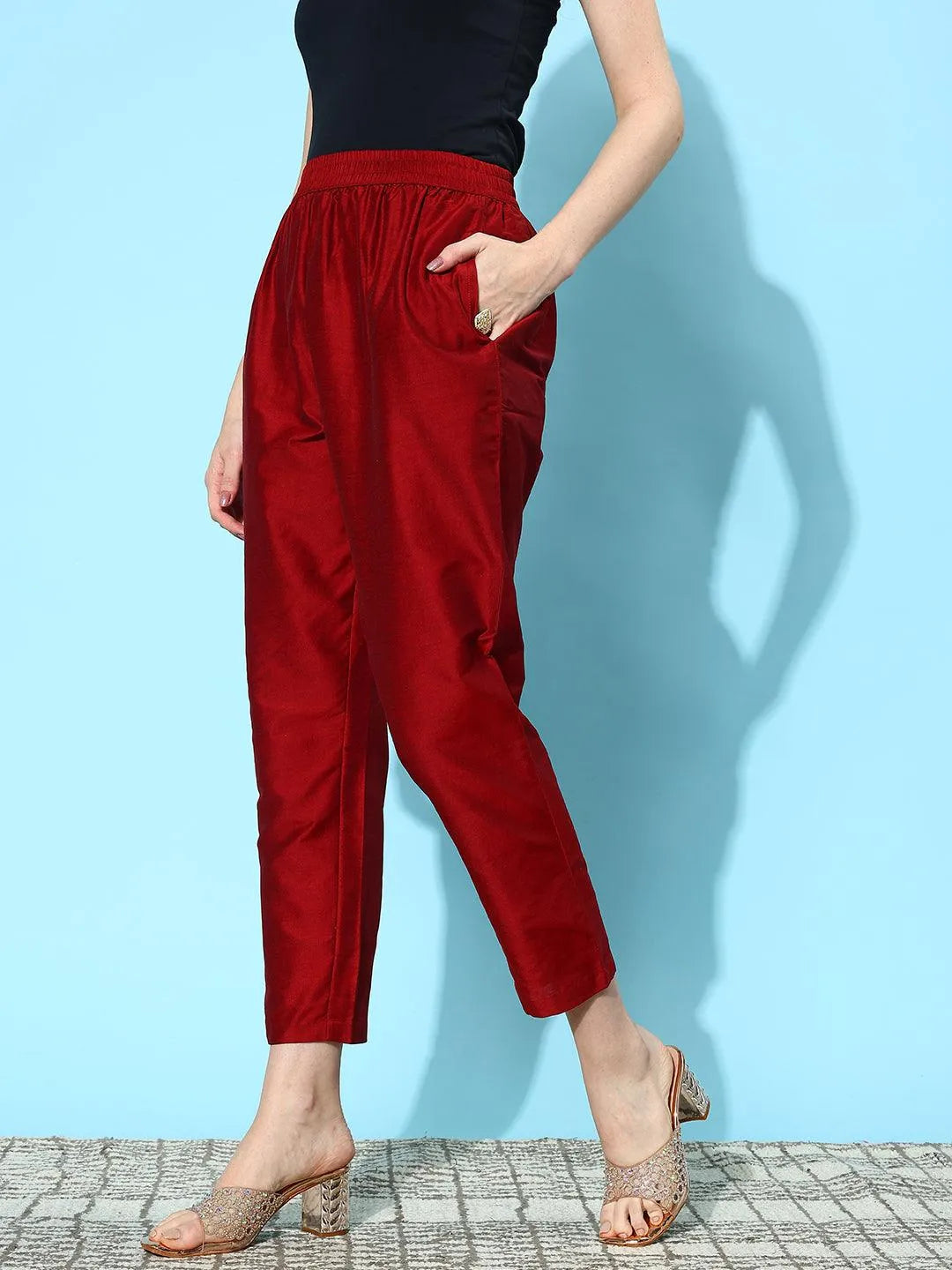 Maroon Solid Silk Trousers - Libas 