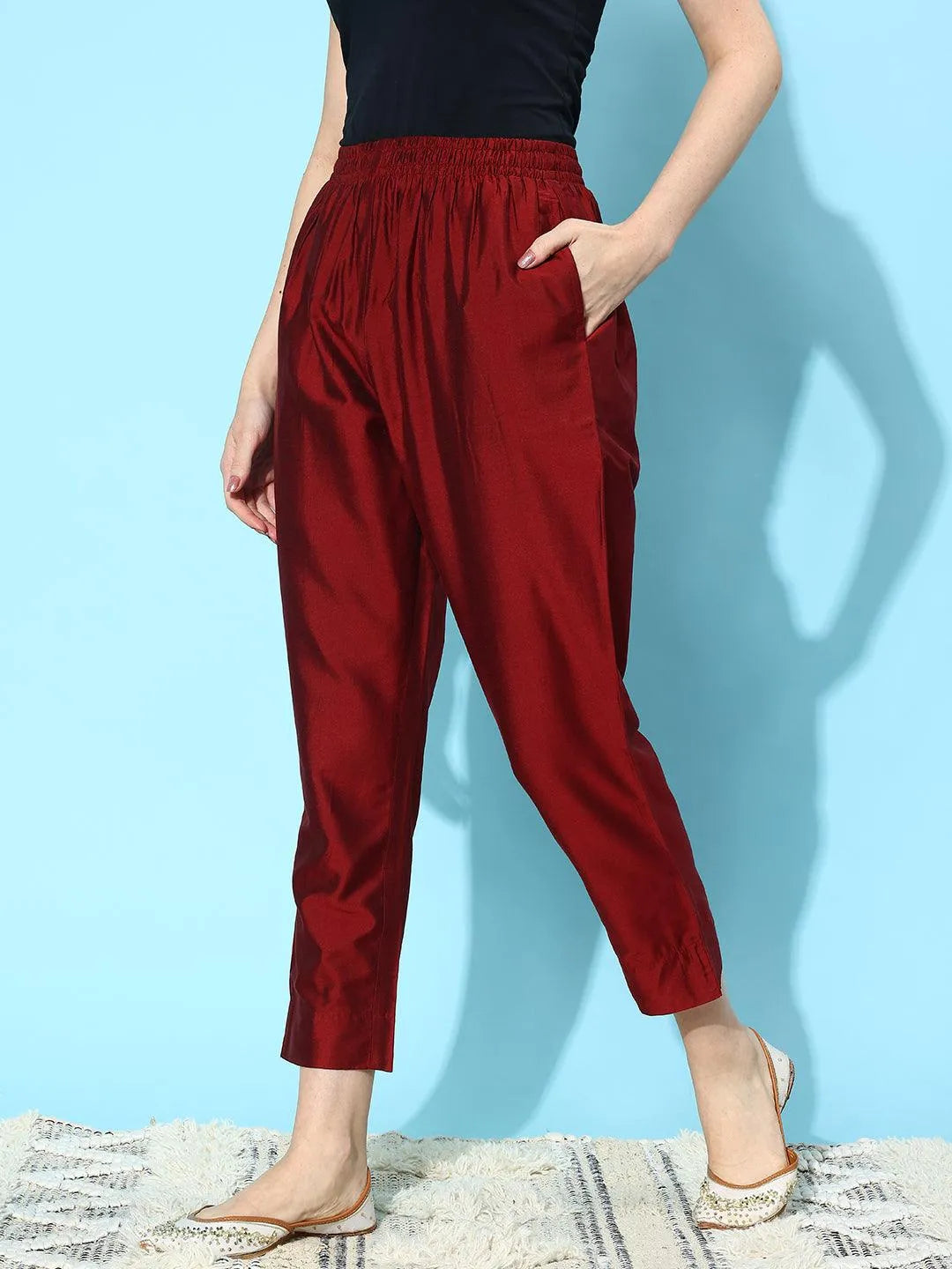 Maroon Solid Silk Trousers - Libas