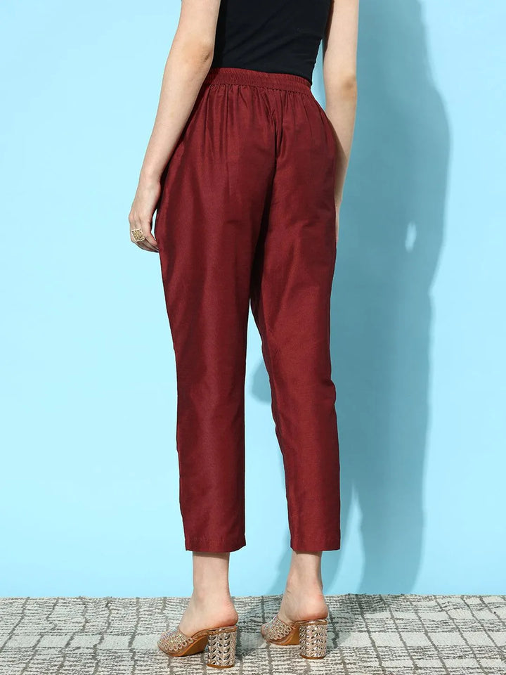 Maroon Solid Silk Trousers - Libas