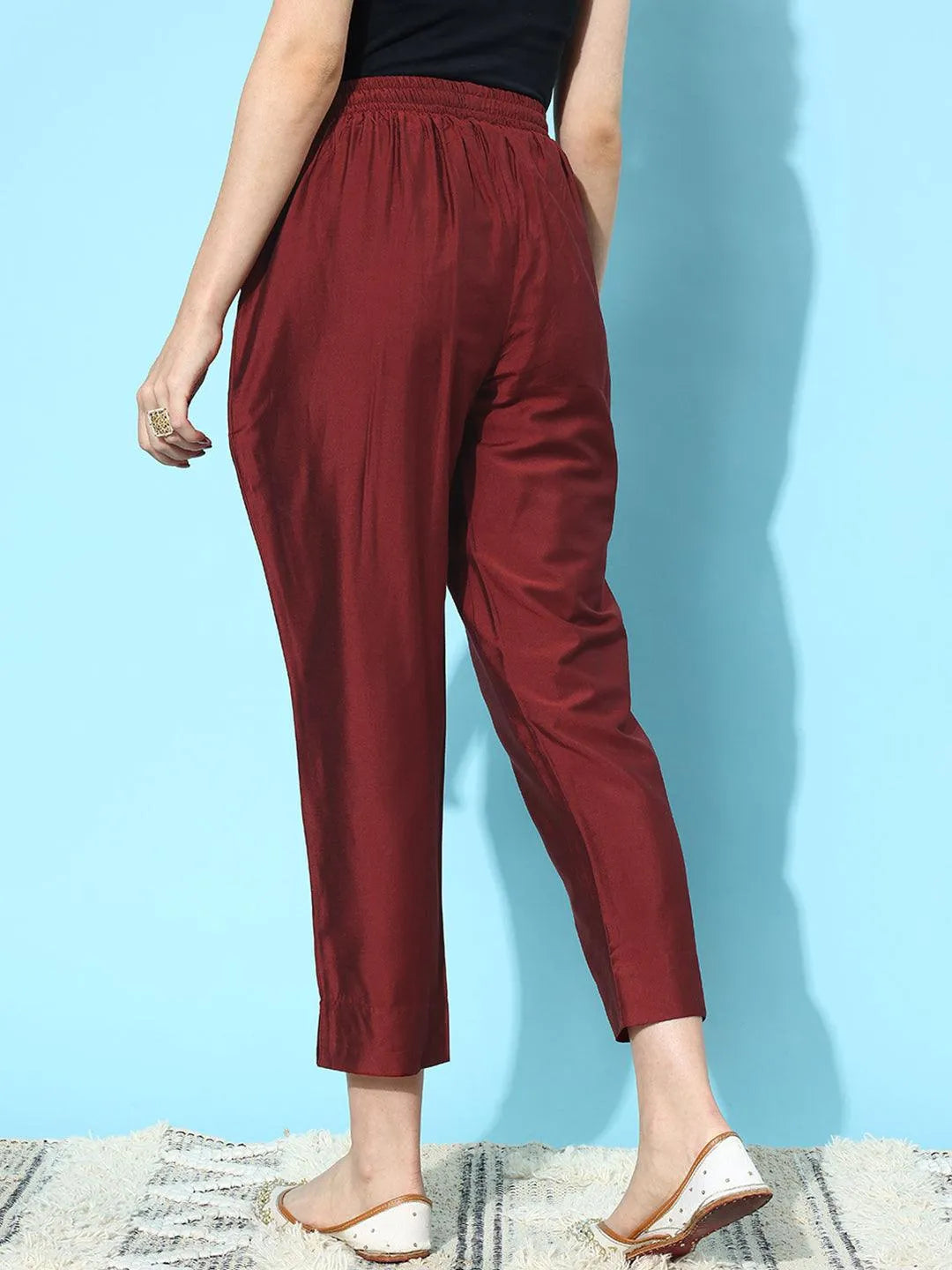 Maroon Solid Silk Trousers - Libas 