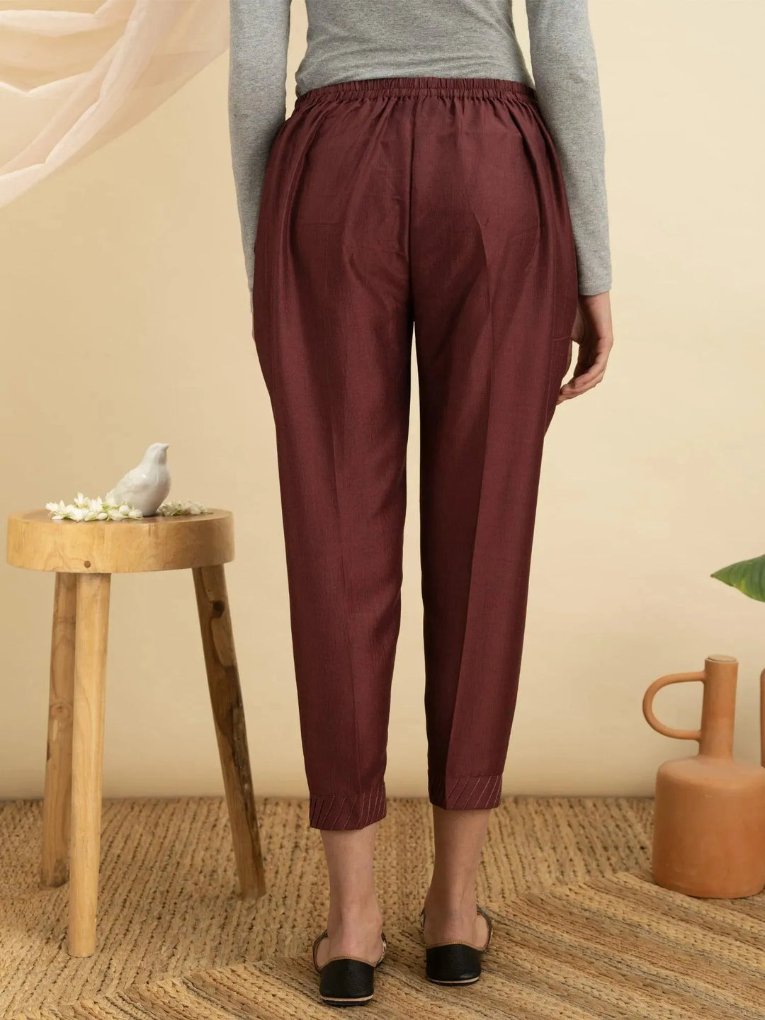 Maroon Solid Silk Trousers - Libas 