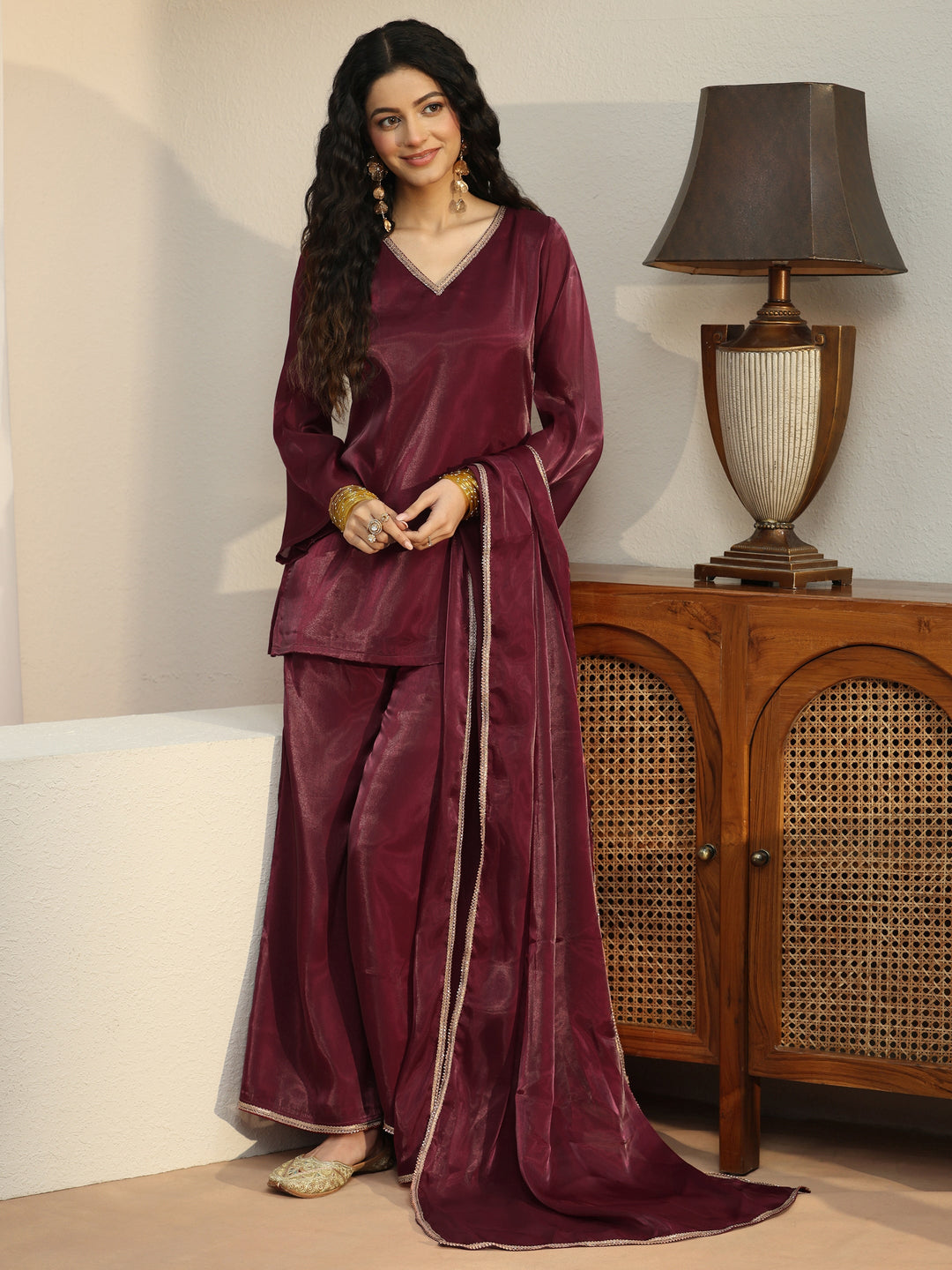  Maroon Solid Tissue Palazzo Suit Set 