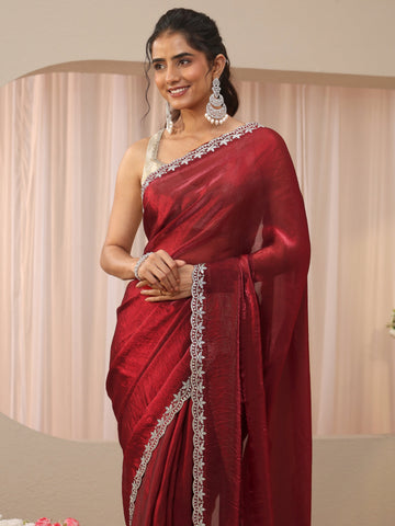 Maroon Solid Tissue Saree
