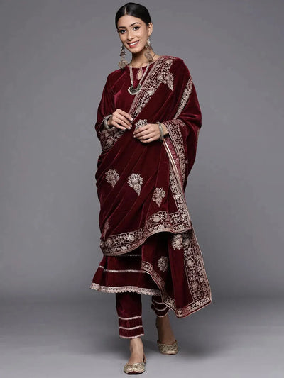 Maroon Solid Velvet Suit Set - Libas