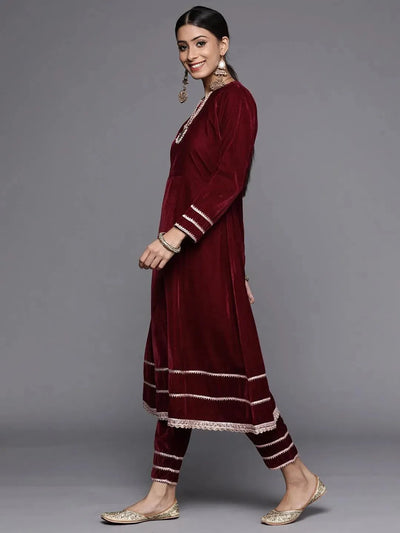 Maroon Solid Velvet Suit Set - Libas