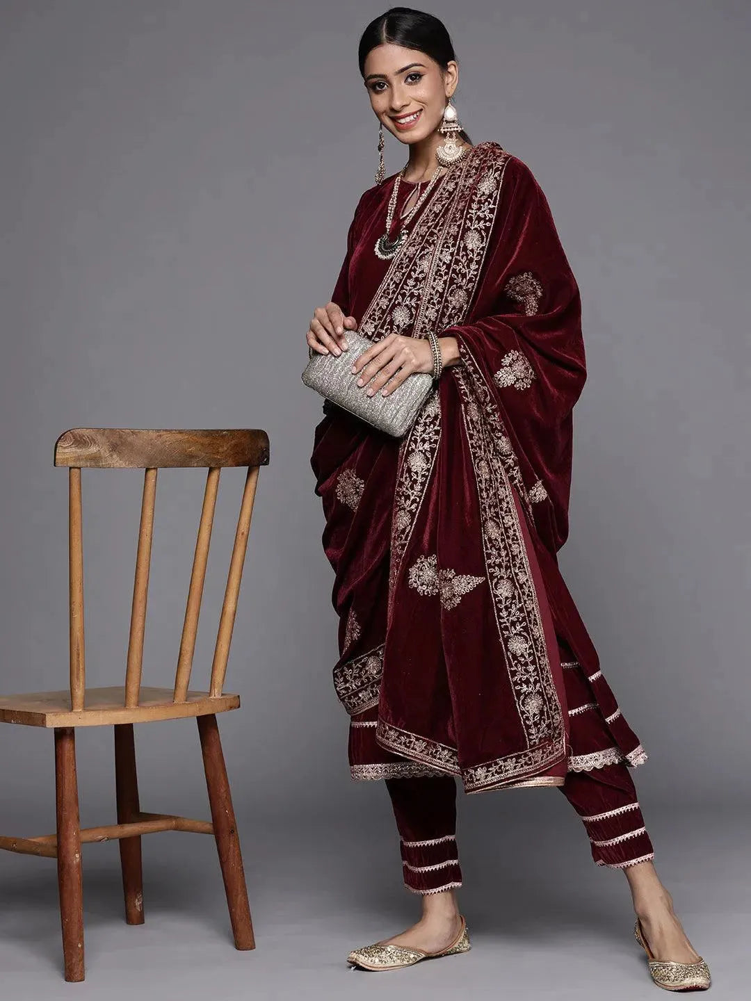 Maroon Solid Velvet Suit Set - Libas