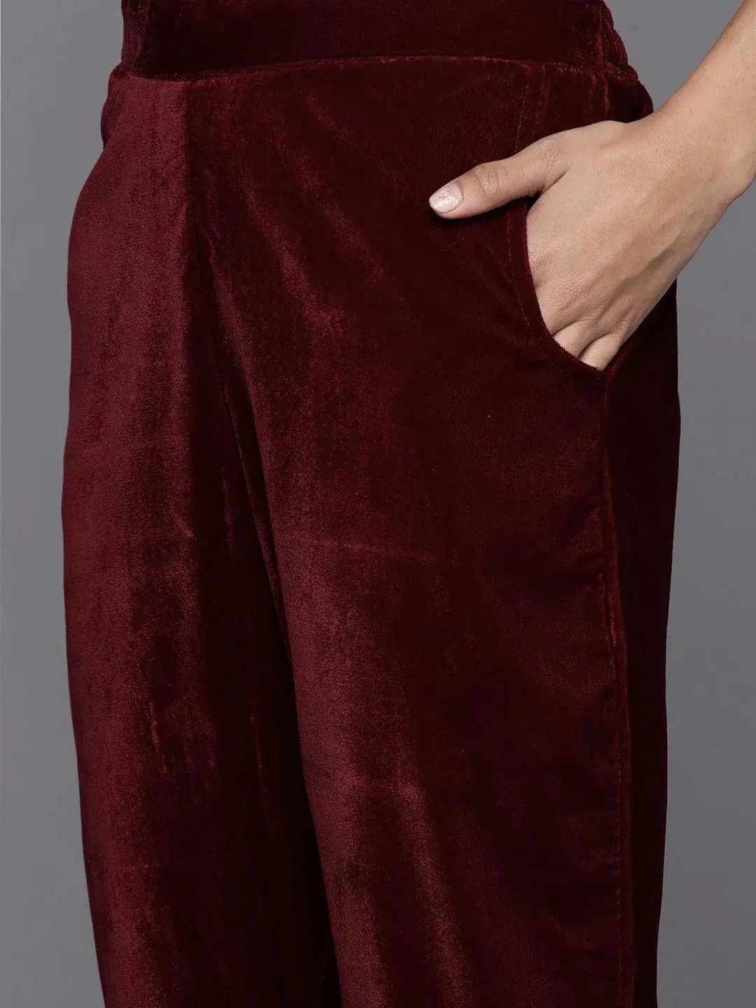 Maroon Solid Velvet Suit Set - Libas