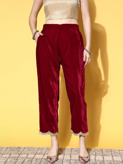 Maroon Solid Velvet Trousers - Libas