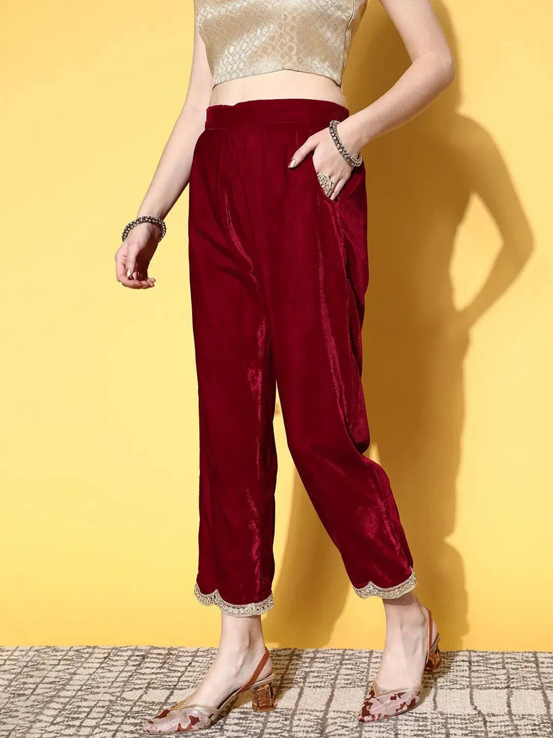 Maroon Solid Velvet Trousers - Libas 