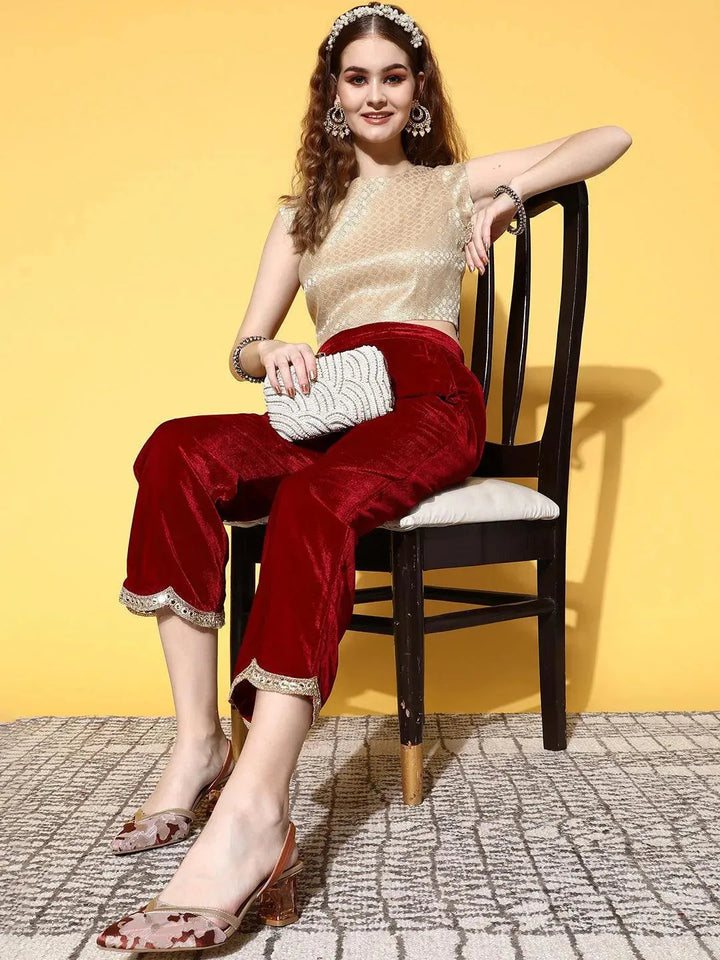 Maroon Solid Velvet Trousers - Libas