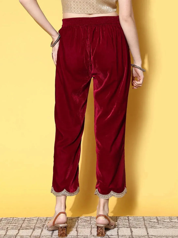 Maroon Solid Velvet Trousers - Libas