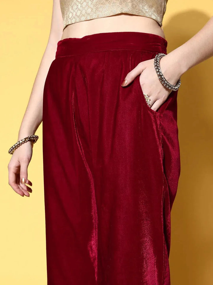 Maroon Solid Velvet Trousers - Libas