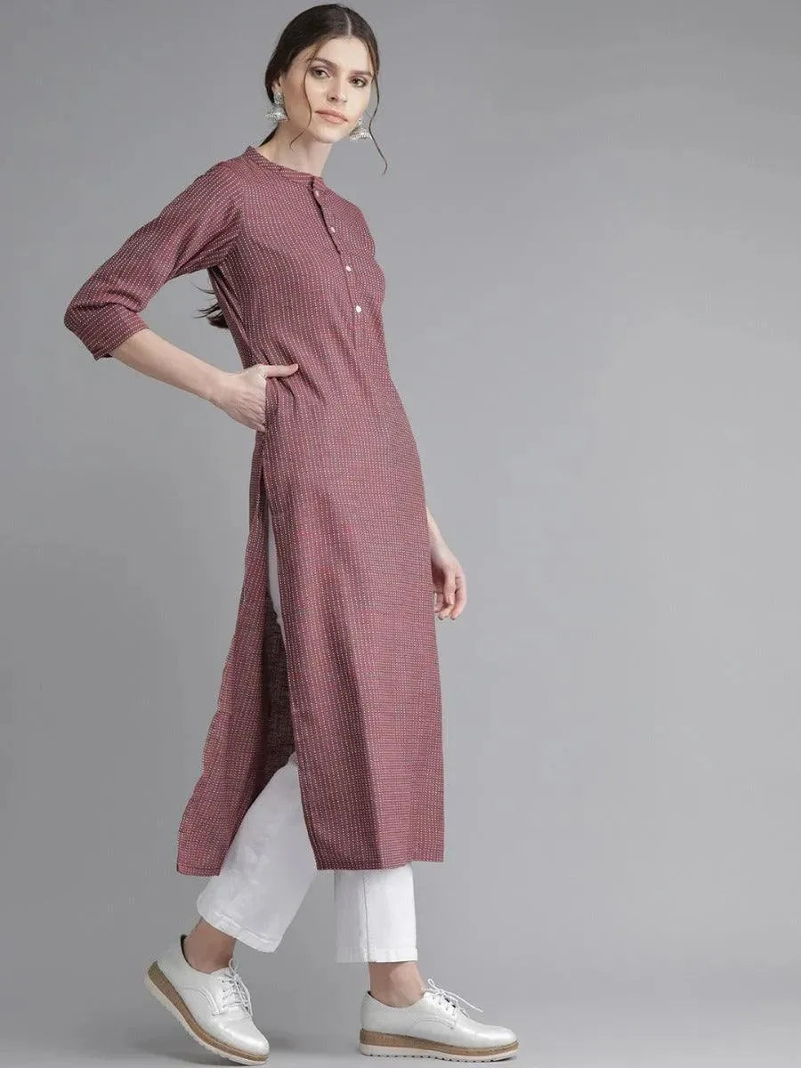 Maroon Striped Cotton Kurta - Libas