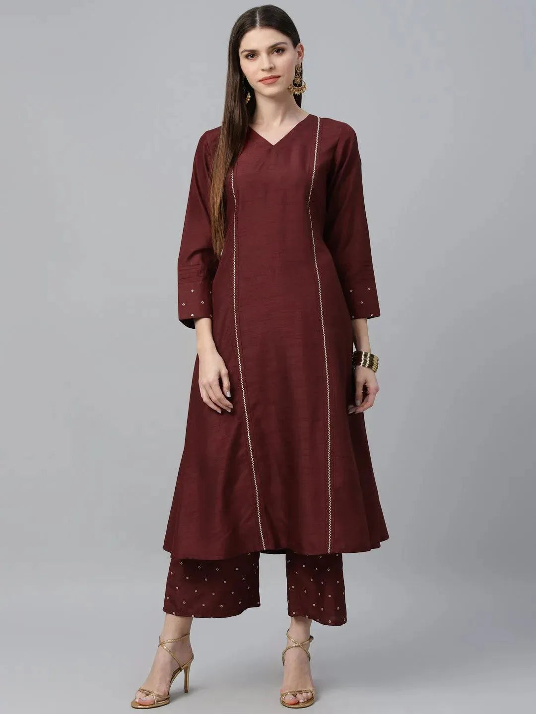 Maroon Striped Polyester Kurta Set - Libas