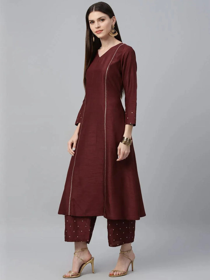 Maroon Striped Polyester Kurta Set - Libas
