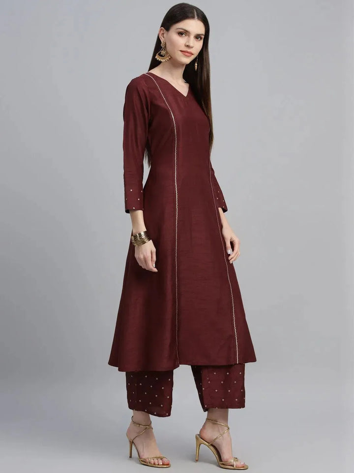Maroon Striped Polyester Kurta Set - Libas