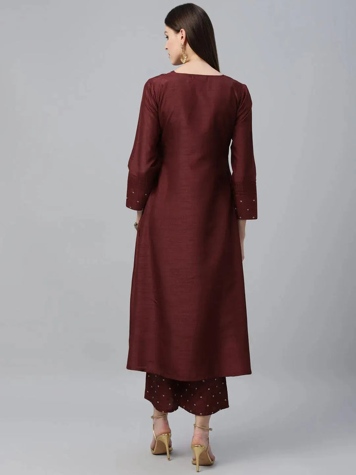 Maroon Striped Polyester Kurta Set - Libas