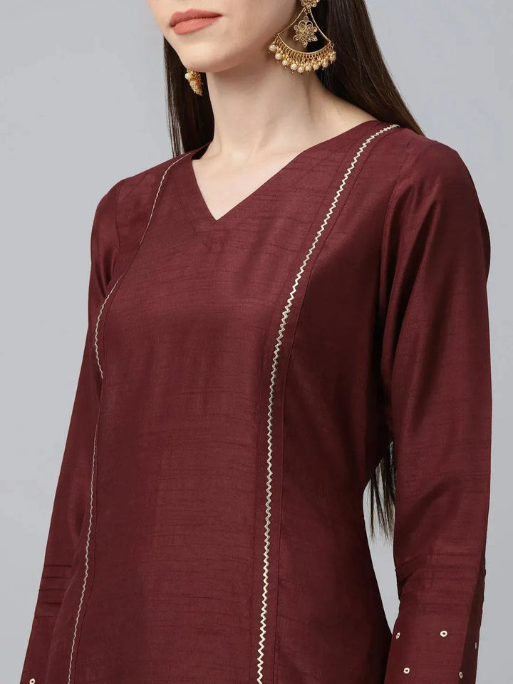 Maroon Striped Polyester Kurta Set - Libas