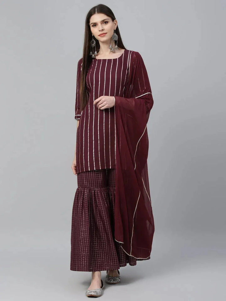 Maroon Striped Polyester Suit Set - Libas