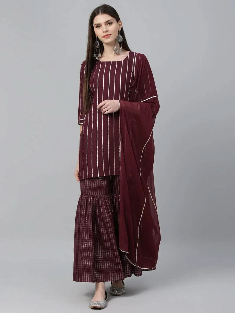 Libas Maroon Striped Polyester Straight Kurta With Sharara & Dupatta