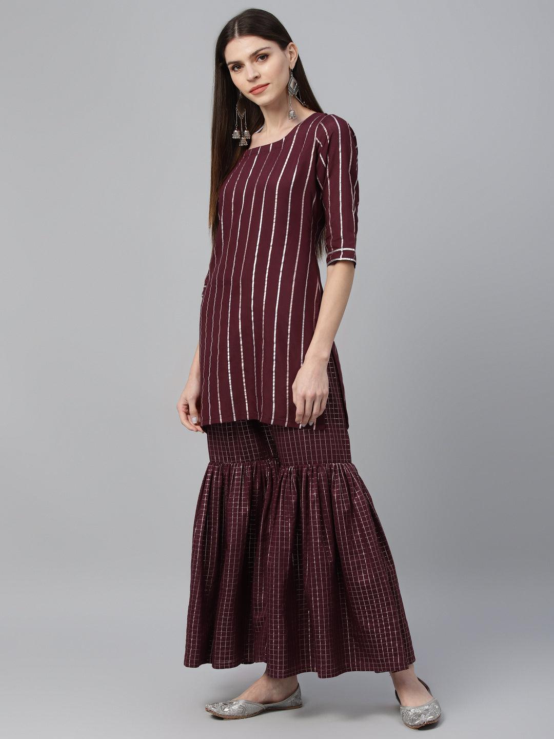 Maroon Striped Polyester Suit Set - Libas