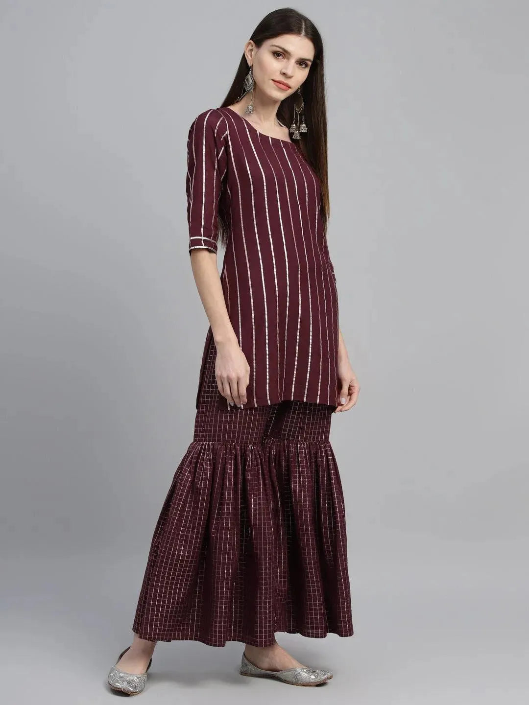 Maroon Striped Polyester Suit Set - Libas 