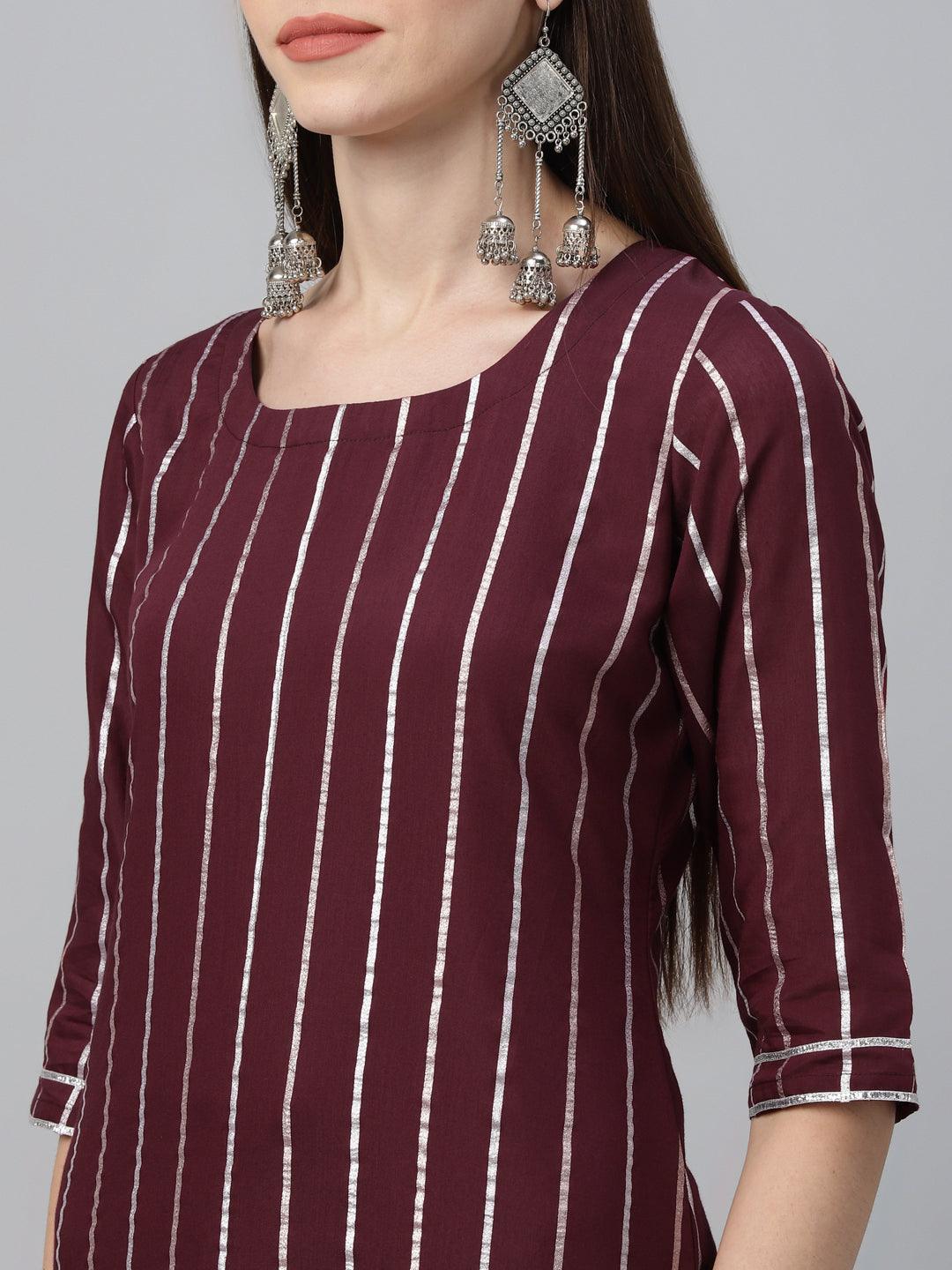 Maroon Striped Polyester Suit Set - Libas