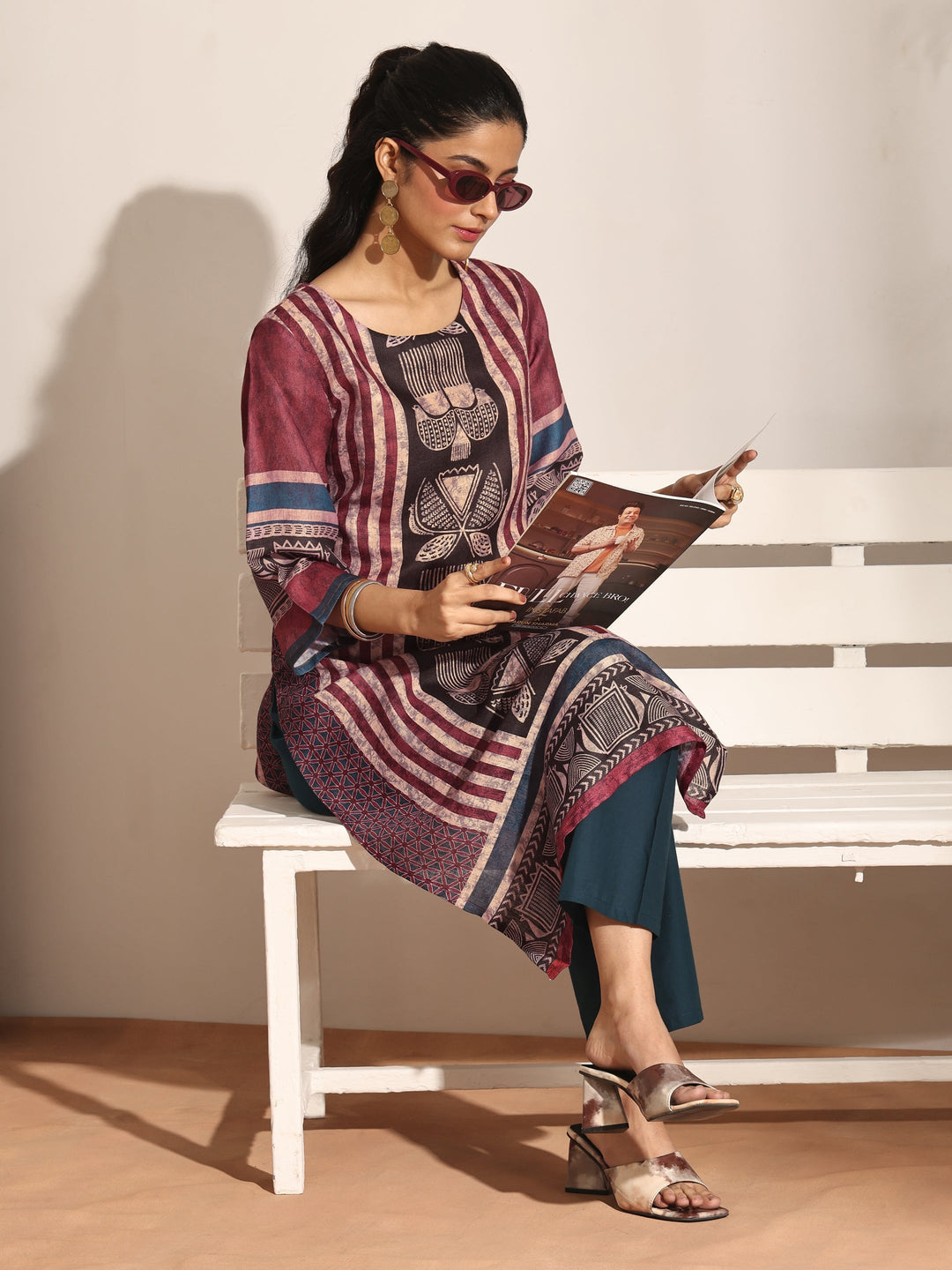 Maroon Striped Printed Cotton Blend Straight Kurta