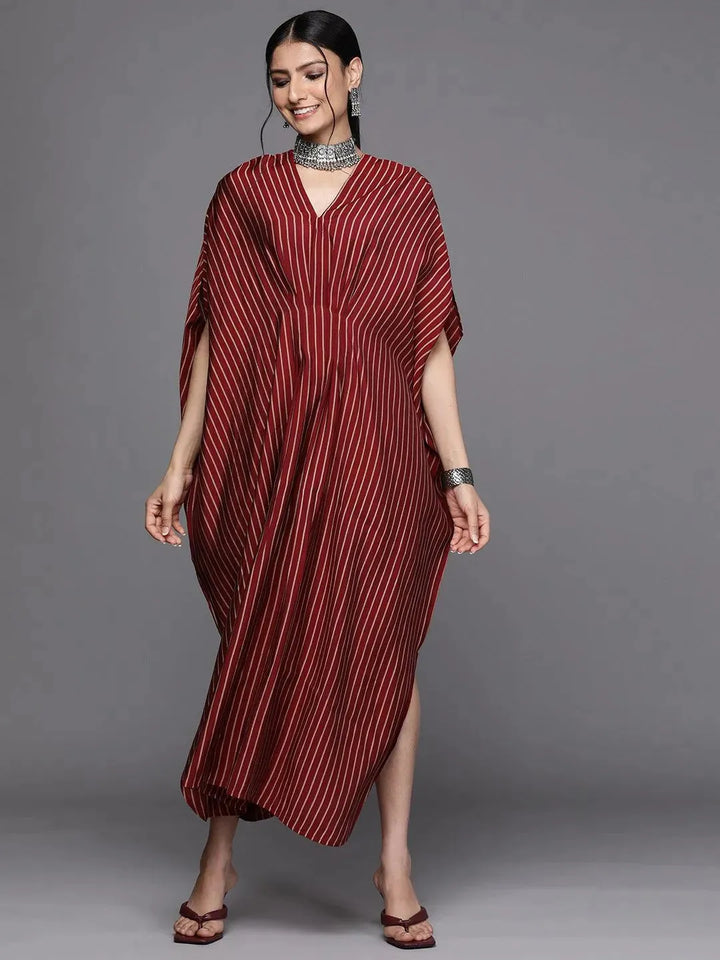 Maroon Striped Silk Dress - Libas