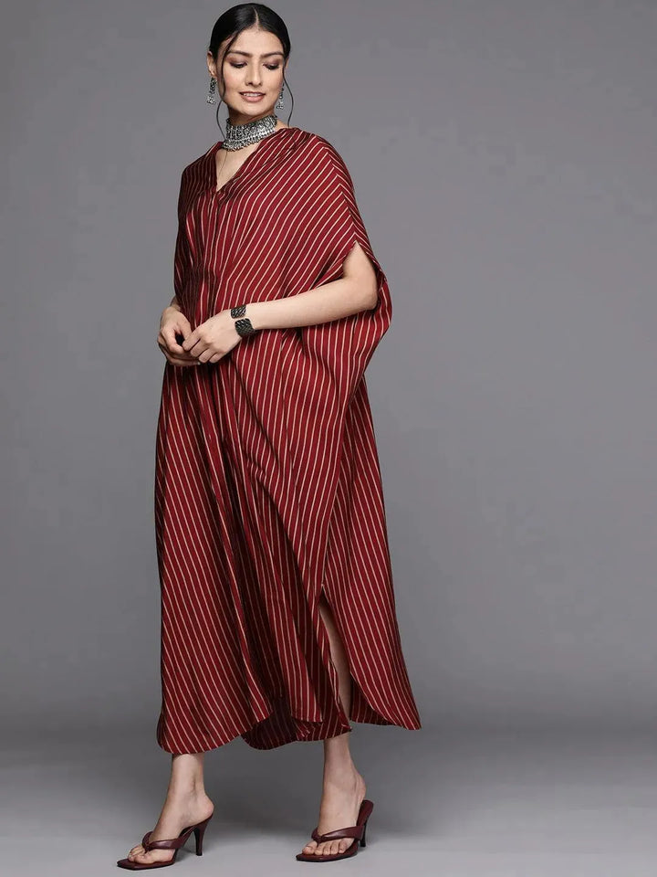 Maroon Striped Silk Dress - Libas
