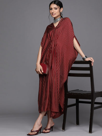 Maroon Striped Silk Dress - Libas